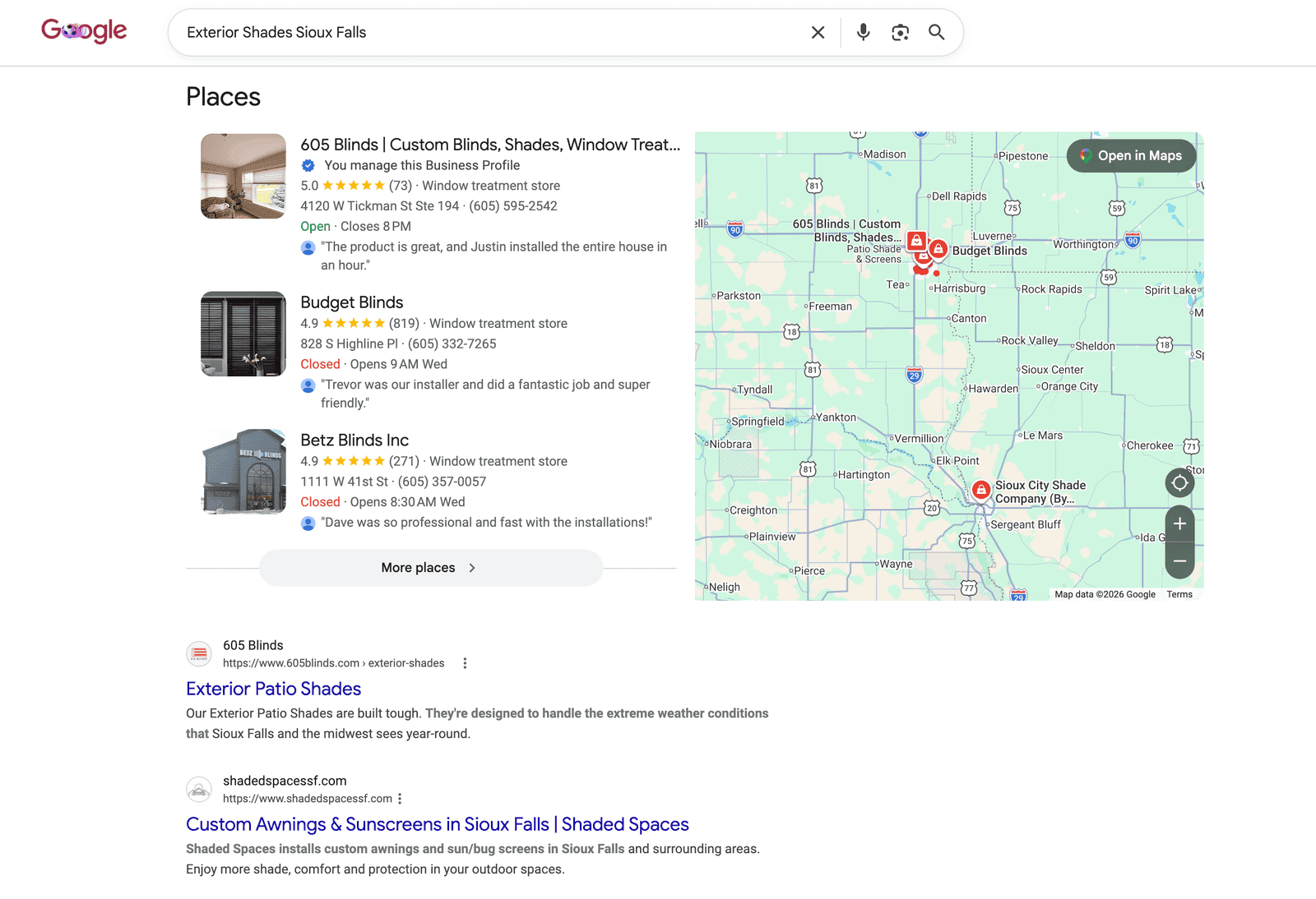 Google results for "exterior shades sioux falls", ranked first